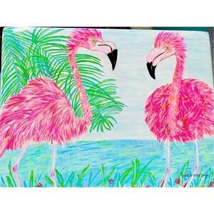 Flamingo Tray Table Hand Painted Coastal Original Vintage Rare Wood L19” W14” H2